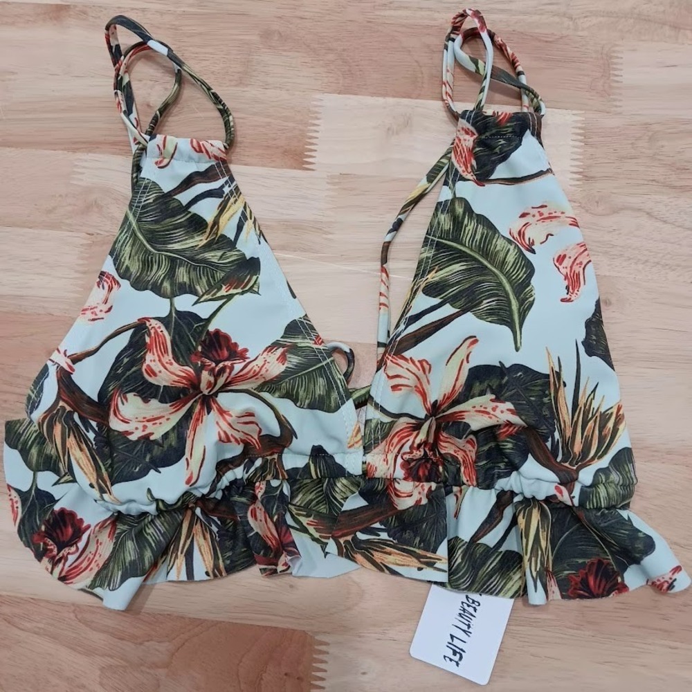 Sporlike Floral Halter Bikini Top Large L Tropical Print Ruffle Swimwear New